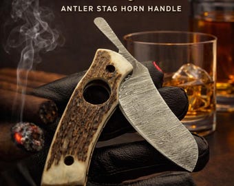 Handmade Damascus Cigar Cutter – Antler Handle, Leather Sheath