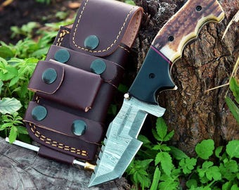 Navaja de bolsillo de acero de Damasco hecha a mano personalizada, cuchillo de seguimiento de hoja plegable con funda, regalo perfecto para novio