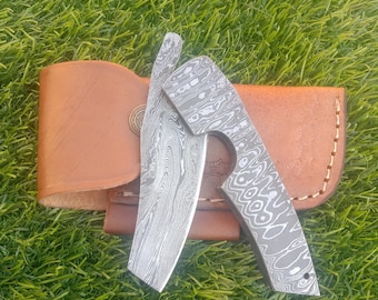 Fully Damascus Cigar Cutter - Cigar Knife Handmade Folding Knife Pocket Knife, Cigar Accessories Comes with Blade Sharpener and Leather Case