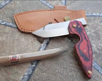 Cuchillo cortador de puros de acero J2 hecho a mano - Cuchillo cortador de puros plegable Mango de madera y funda de cuero Regalos para padrinos de boda