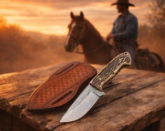 Cuchillo vaquero occidental hecho a mano: mango de asta de ciervo, funda de cuero
