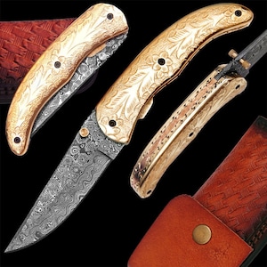 Handmade Damascus Steel Folding Pocket Knife, Gold Knife, Outdoor Knives Come with Leather Sheath Birthday Anniversary Gift, Groomsmen Gift