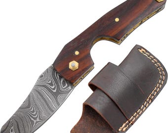 Cortadores de cigarros Damasco de 6,5 pulgadas, cuchillo para cigarros hecho a mano, cuchillo plegable, accesorio para cigarros, viene con funda de cuero y afilador de cuchillas
