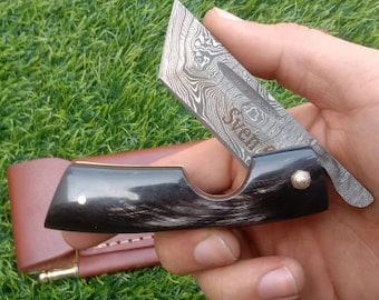 Handmade Cigar Cutter Damascus Cigar Knife - Cigar Accessories Folding Cigar Tool Pocket knife Made of Buffalo Horn with Leather Sheath
