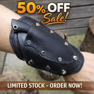 Leather wrist knife bracelet with Hidden Damascus Steel Blade for Cosplay