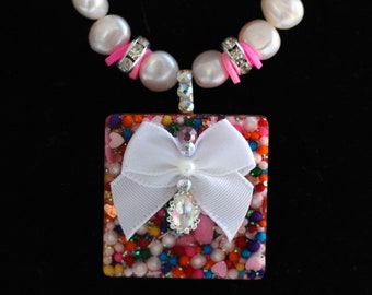 Pink Pearl Square Sprinkle Pendant 16.5 Inch Necklace