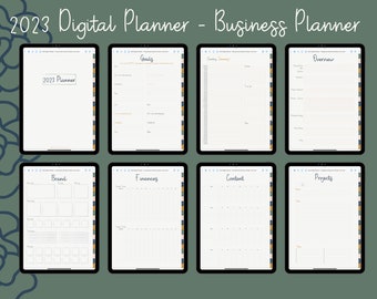 May include: A digital planner for business owners, with pages for goals, finances, content, projects, and a summary for January. The planner has a modern design with a white background and blue and orange accents.
