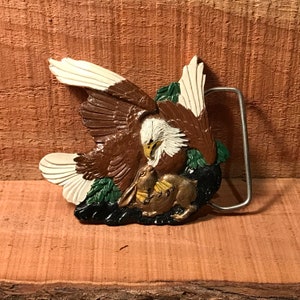 Vintage 1974 Hand Painted Hunting Eagle Belt Buckle