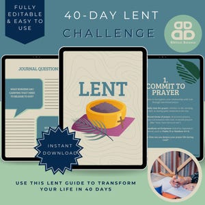 Peut inclure: Un guide imprimable de 40 jours pour le Carême avec une question de journal, une invitation à la prière et une illustration colorée d'un bol de cendres et d'une branche de palmier. Le guide est intitulé "Défi du Carême de 40 jours" et présente le texte "Carême" en grandes lettres audacieuses. Le guide est disponible en téléchargement instantané.