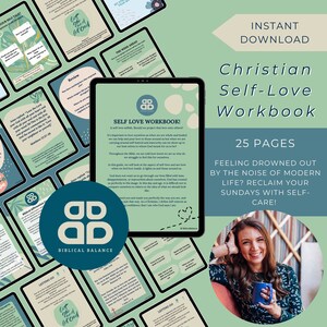 Può includere: Un quaderno di lavoro digitale intitolato "Self Love Workbook!" con un design verde e bianco. Il quaderno di lavoro ha 25 pagine e si concentra sull'amore per se stessi in chiave cristiana. Il testo sulla copertina recita: "Ti senti sopraffatto dal rumore della vita moderna? Ricostruisci le tue domeniche con la cura di te stesso!"