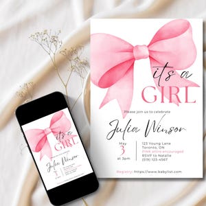 Baby Shower Bow Invite, Printable, Babyshower Invite