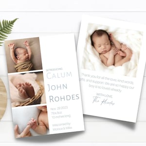 Anuncio de bebé y tarjeta de agradecimiento/Anuncio de nacimiento Tarjeta de agradecimiento de baby shower-Editable e imprimible Azul