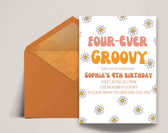 Groovy Fourth 4th Birthday Invitation Retro First Birthday Party Hippie 70s Party Invitation Editable Template Instant Download