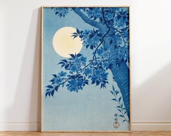 Vintage Japanese Woodblock Print: Blue Moon & Cherry Blossoms (Digital Download)