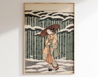 Xilogravura japonesa vintage: Cena de mulher na neve (download digital)