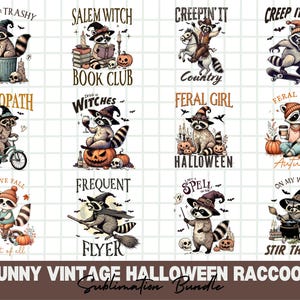 Pacote engraçado de Halloween PNG de guaxinim vintage | Desenhos de truques ou lixo, garota selvagem e animais assustadores