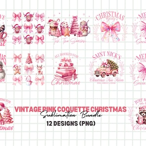Vintage Pink Coquette Christmas Bundle, Coquette Christmas PNG, Pink Bow, Christmas Bow, Christmas Sublimation Design, Vintage Christmas Png