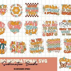 Retro Inspirational SVG, PNG Bundle, Retro Groovy, Motywacyjne Png, Pozytywne cytaty, Naklejki, Retro Koszulka, Self Love Png Projekty Sublimacji