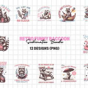Lot de sublimation rétro raton laveur rigolo, designs rétro de raton laveur à fabriquer soi-même, designs rigolos de raton laveur, lot d'oeuvres d'art raton laveur, motifs idiots de raton laveur