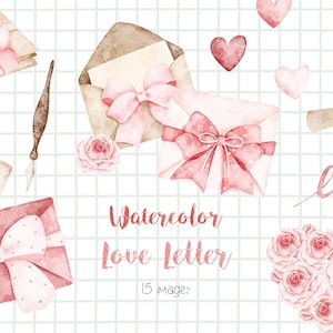 Clipart de carta de amor en acuarela, paquete de clipart de San Valentín en acuarela, corazones de San Valentín PNG, correo de amor, gráfico de diario basura de scrapbooking