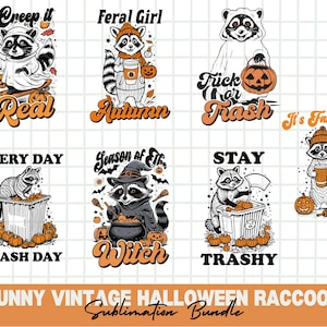 Pacote engraçado de Halloween PNG de guaxinim vintage | Desenhos de truques ou lixo, garota selvagem e animais assustadores