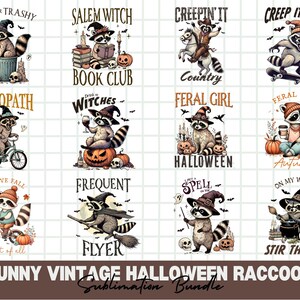 Pacote engraçado de Halloween PNG de guaxinim vintage | Desenhos de truques ou lixo, garota selvagem e animais assustadores