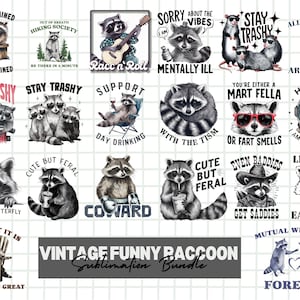 Paquete de imágenes PNG de mapaches divertidos de estilo vintage / Diseños de mapaches retro extravagantes para manualidades
