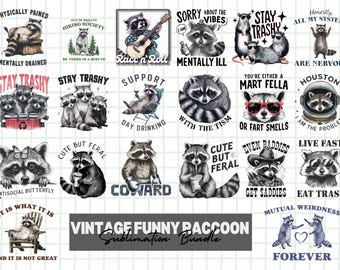 Vintage Funny Raccoon PNG Bundle | Quirky Retro Raccoon Designs for Crafting