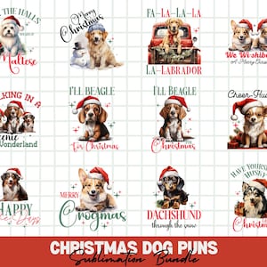 Weihnachten Hund Wortspiele Sublimation Bundle, süße Welpen Clipart. Aquarell Tiere, Weihnachtsclipart PNG-Bundle zum Basteln