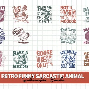 Retro Funny Sarcastic Animal SVG Bundle | Retro Sarcastic Animal PNG, zabawne cytaty i projekty Vintage Self-Care