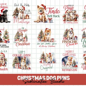 Weihnachten Hund Wortspiele Sublimation Bundle, süße Welpen Clipart. Aquarell Tiere, Weihnachtsclipart PNG-Bundle zum Basteln