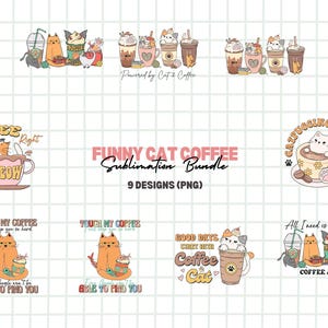Paquete de sublimación PNG de café de gato divertido, paquete de imágenes prediseñadas de gato, imágenes prediseñadas de gato divertido, PNG de gato divertido, PNG de sublimación de gato sarcástico, paquete de citas divertidas