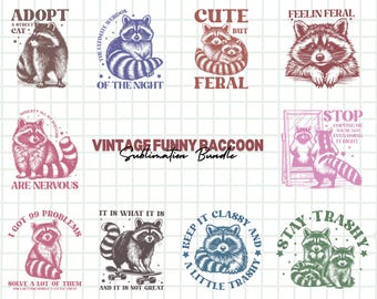Vintage Funny Raccoon SVG & PNG Bundle | Quirky Retro Raccoon Designs for Crafting