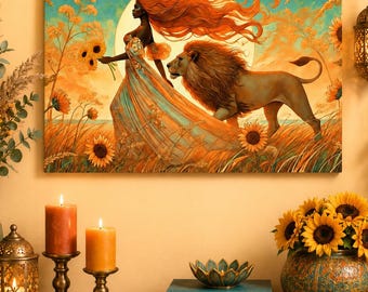 Leo Zodiac Canvas Wall Art, Lion Goddess Sunflower Print, Astrology Home Decor, Regal Feminine Power