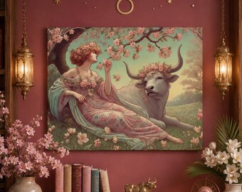 Vintage Floral Zodiac Wall Canvas, Taurus Goddess Art Nouveau Wall Art, Earth Sign Astrology Print, Taurus Birthday Gift for Her