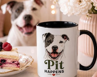 Personalized Funny Pitbull Mug, Pit Happens Coffee Cup for Dog Lovers, Pit Bull Lover Coffee Cup, Pitbull Mom Dad Gift, Velvet Hippo Dog Mug
