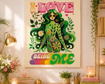 Retro Self Love Affirmation Wall Art, I Love Being Me Canvas Wall Art, Mental Health Decor, Maximalist Therapy Office Wall Art