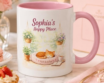 Personalized Cat Coffee Mug, Custom Cat Lover Gift, Cozy Pink Tea Mug, Cute Cat Mom Gift, Relaxing Cat Cup
