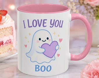 Cute Halloween Coffee Mug, I Love You Boo Ghost Mug, Kawaii Ghost Valentine Mug, Romantic Couple Gift for Her