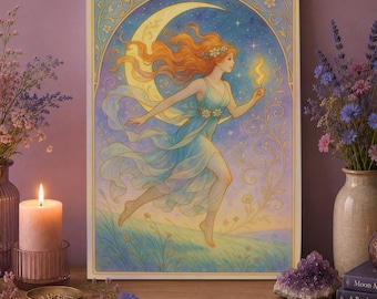Obraz na płótnie „Bogini w blasku księżyca”, eteryczny wydruk „Niebiańska noc”, astrologia w stylu secesyjnym, dekoracja domu
