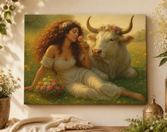 Taurus Goddess Canvas Wall Art, Art Nouveau Taurus Print, Floral Bull Artwork, Zodiac Wall Decor, Farmhouse Gift for Taurus
