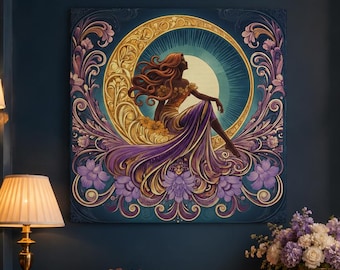 Art Nouveau Goddess Canvas Wall Art, Floral Moon Muse Print, Celestial Floral Wall Decor, Boho Canvas Art, Feminine Home Decor Gift