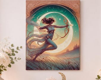 Artemis Goddess Wall Art, Moon Archer Goddess Canvas,  Art Nouveau Print, Fairycore Decor, Mythology Wall Art, Whimsical Home Gift