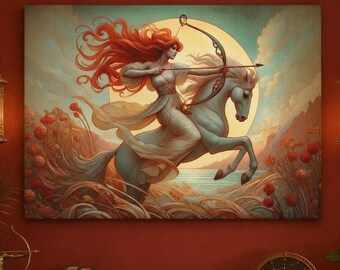 Sagittarius Zodiac Canvas Wall Art, Archer Goddess Print, Celestial Astrology Decor, Mythological Moon Art, Birthday Gift