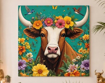 Floral Cow Canvas Wall Art, Bull in Bloom Taurus Painting Home Decor,  Zodiac Taurus Decor, Farmhouse Animal Art, Colorful Bull Wall Art