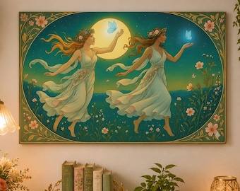 Celestial Twins Canvas Wall Art, Art Nouveau Gemini Canvas Print, Gemini Zodiac Decor, Astrology Wall Art, Gemini Birthday Gift for Her