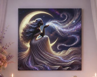 Moon Goddess Art Nouveau Canvas Wall Art, Enchanted Mystical Sun Moon Stars, Sacred Geometry Decor, Astrology Gift
