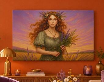 Art Nouveau Harvest Goddess Canvas, Lavender Field Artwork, Virgo Zodiac Bedroom Decor