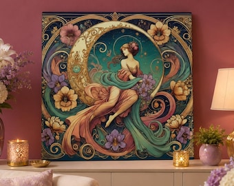 Art Nouveau Goddess Canvas Wall Art, Floral Moon Muse Print, Celestial Floral Wall Decor, Boho Canvas Art, Feminine Home Decor Gift