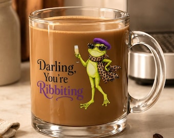 Funny Frog Glass Mug, Darling You're Ribbiting Coffee Cup, Fashion Frog Gift, Cute Cottagecore Mug for Frog Lovers & Friends
